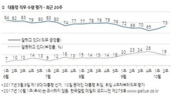 문 대통령 국정지지도 73%…2주전 대비 8%p 대폭 상승[갤럽]