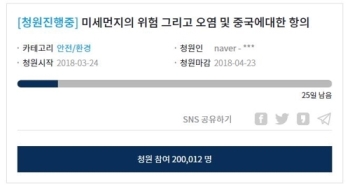 “미세먼지 중국에 항의해달라“ 청와대 국민청원 20만명 넘어