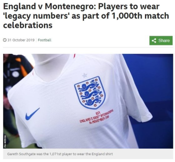 잉글랜드, 몬테네그로와 1000번째 A매치서 '특별 유니폼' 입는다