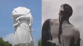 '콜럼버스 머리' 잘리자…흑인 동상에 흰색 페인트칠