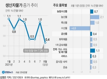 8월 생산자물가 10개월 연속 상승…시금치 86%·배추 47%↑