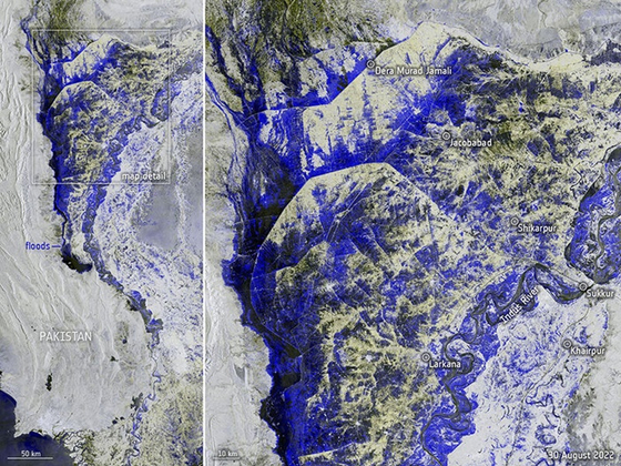 홍수로 3분의 1이 잠긴 파키스탄. 파란색으로 표시된 부분이 물에 잠긴 지역. 〈사진-AFP·연합뉴스〉