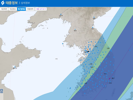 태풍 '힌남노'가 북상하고 있는 가운데 기상청은 홈페이지를 통해 주요 도시 최근접 시간을 제공하고 있다. 〈사진=기상청 홈페이지 캡처〉
