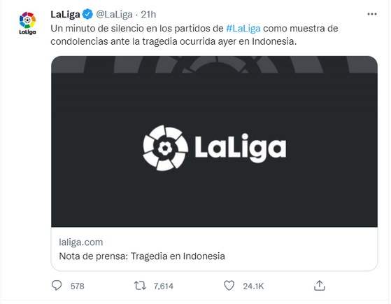 인도네시아 축구장 참사에 대해 스페인 라리가는 애도의 뜻을 전했다. 라리가는 오는 7일과 8일 경기 시작 전 1분 간 묵념을 한다고 밝혔다. 〈출처=라리가 공식 트위터〉