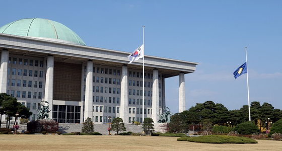 오늘(30일) 서울 여의도 국회에 이태원 압사 사고 희생자들에 대한 조의를 표하는 조기가 게양된 모습. 〈사진-연합뉴스〉 