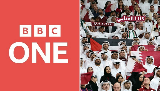 현지시간 20일 카타르 알코르 알바이트 스타디움에서 열린 2022 카타르 월드컵 개막식에서 관중들이 환호하고 있다. 왼쪽은 BBC One 로고. 〈사진=BBC One 트위터 캡처(왼쪽), 연합뉴스〉