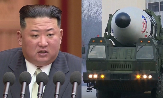 김정은 북한 국무위원장, 북한 대륙간탄도미사일(ICBM) 화성-17형. 〈사진=조선중앙TV 캡처·연합뉴스〉