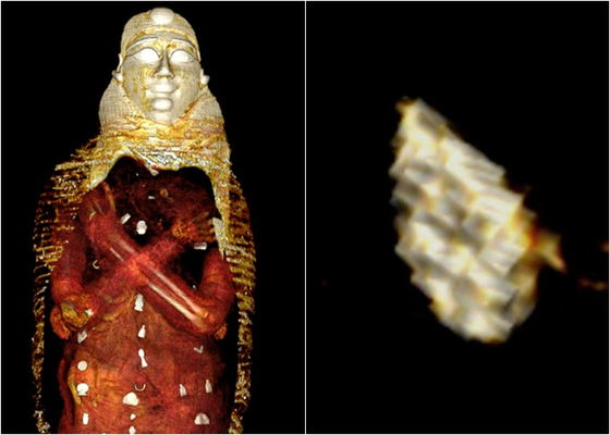 현지시간 25일 CNN 방송에 따르면 2300년 된 황금 소년 미라 컴퓨터단층촬영(CT) 사진이 공개됐다. 오른 쪽은 '황금 혀' 부적 사진이다. 〈사진=프론티어스 인 메디슨 홈페이지 캡처〉