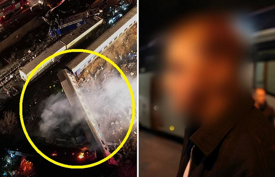 그리스에서 열차 2대가 충돌한 사고 현장(왼쪽), 구조된 승객이 피를 흘리는 모습(오른쪽). 〈사진=로이터/연합뉴스〉