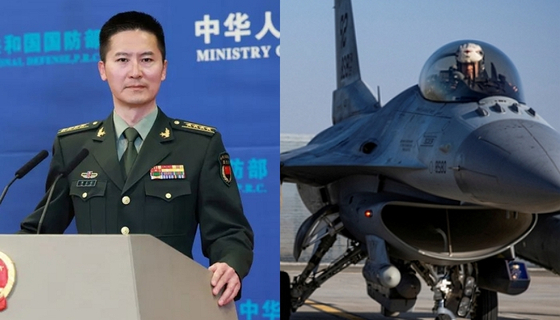 탄커베이 중국 국방부 대변인, F-16 파이팅 팰컨 전투기. 〈사진=중국 국방부(왼쪽), 로이터〉