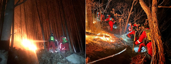 산림·소방당국이 오늘(8일) 경남 합천군 용주면에서 발생한 산불을 밤샘 진화 중인 모습. 〈사진=산림청〉 