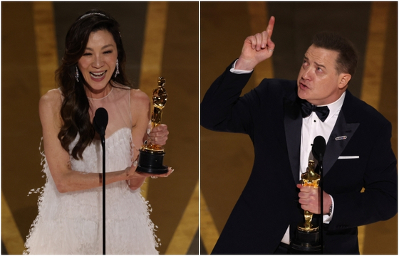 12일(현지시간) 미국 LA 돌비극장(Dolby Theatre)에서 열린 제95회 아카데미 시상식(Academy Awards)에서 '에브리씽 에브리웨어 올 앳 원스' 양자경과 '더 웨일' 브렌든 프레이저가 남녀주연상을 수상했다. 〈사진=연합뉴스·REUTERS〉