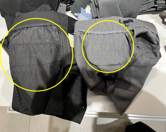 10일 JTBC 취재진이 방문한 서울 마포구의 한 대형 SPA 브랜드 매장에서는 뒷주머니가 있는 남성 슬랙스(왼쪽)와 달리 뒷주머니가 없는 여성 슬랙스(오른쪽)를 확인할 수 있었다. 〈사진=장연제 기자〉
