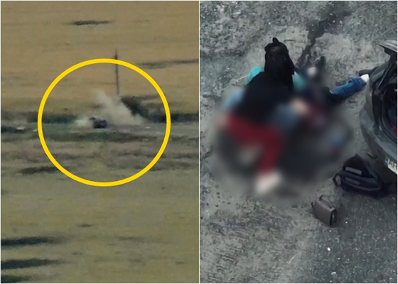 부부는 지난해 6월 동부 격전지 하르키우의 소도시 이지움으로 부모님을 구하러 가던 중 길을 잘못 들었다가 러시아군의 총격을 받았다. 오른쪽 사진은 남편이 총에 맞고 쓰러지자 아내가 지혈하고 있는 모습.〈사진=CNN 영상 캡처〉