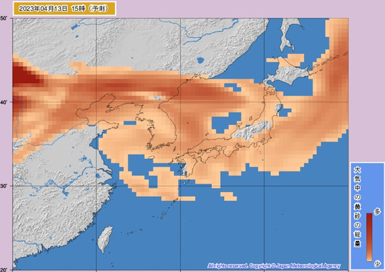 일본 기상청의 황사 관측도. 대기 중 황사의 총량을 나타냄. 〈사진=일본 기상청 캡처〉