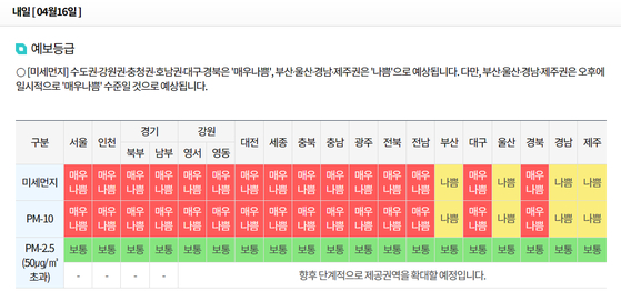 한국환경공단(에어코리아) 오는 16일 미세먼지 예보 〈사진=한국환경공단 홈페이지〉