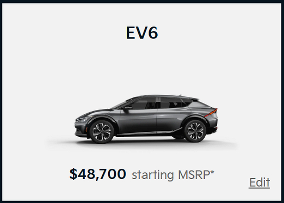 미국 웹사이트에서 기아 EV6가 4만 8700달러(한화 약 6477만원)에 판매되고 있다. 〈사진=기아 미국 웹사이트〉