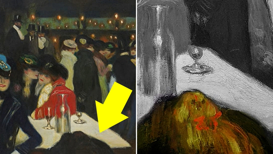 파블로 피카소의 초기작 '물랭 드 갈레트'(왼쪽)와 작품에서 발견된 강아지(오른쪽) 〈사진=CNN〉
