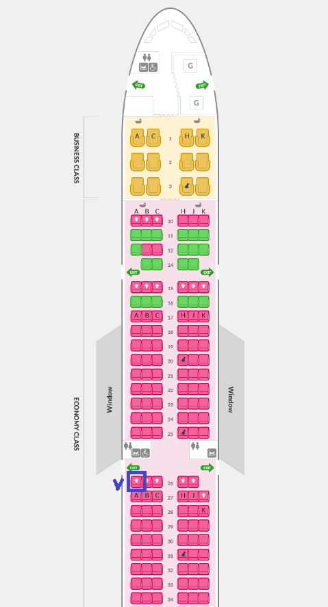아시아나항공 에어버스 A321-200 기체 내부 설명도. 파란색으로 표시된 A26 좌석의 경우 비상구 문 레버가 승객좌석과 가까워 안전상 만석이 아니면 판매하지 않기로 아시아나가 내부 방침을 정했다.〈사진=아시아나항공 홈페이지 기체 설명〉