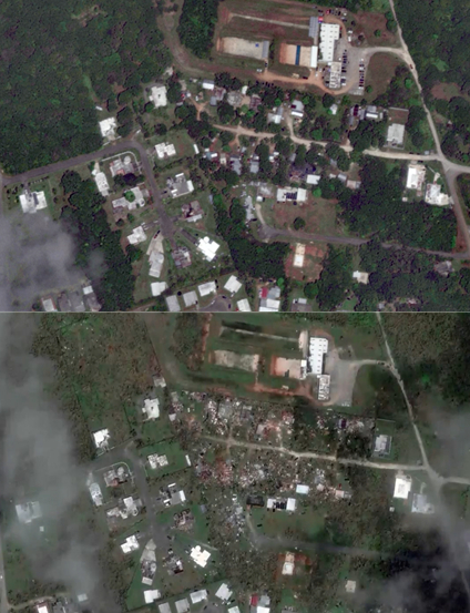 26일(현지시간) 미국 상업위성업체 맥사(MAXAR)가 공개한 위성 사진으로 본 괌 태풍 전후 사진. 지역 마을이 피해를 본 모습. 〈사진=로이터 연합뉴스〉