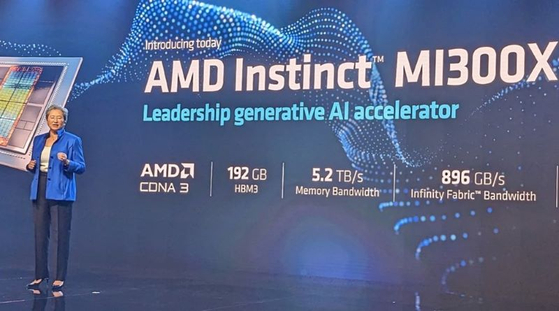 AMD의 리사 수 CEO가 현지시간 13일 샌프란시스코 페어몬트 호텔에서 새로운 인공지능(AI) 칩 MI300X를 발표하고 있다.(사진=연합뉴스)