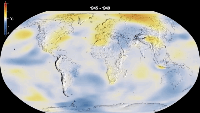 1940년대부터 2021년까지 지구 기온의 변화를 나타낸 그래픽 자료. (자료: NASA)
