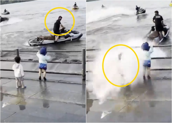 서울 한강에서 제트스키를 몰던 한 남성이 모터를 이용해 물을 뿌려 근처에 있던 어린이가 머리를 다치는 사고가 났다. 〈사진=온라인 카페 '제트스키오너스클럽' 게시글 영상 캡처〉