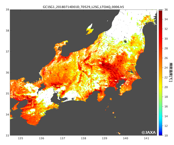 여름이면 거의 매일 붉게 물든 일본 중남부지역. 사진은 일본이 쏘아올린 기후변화관측위성이 지난 2018년 7월 14일 찍은 모습 〈자료=JAXA〉