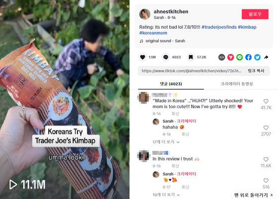 안세라씨가 올린 한국 김밥 영상에 달린 댓글들. 〈사진=안세라씨 틱톡 캡처〉