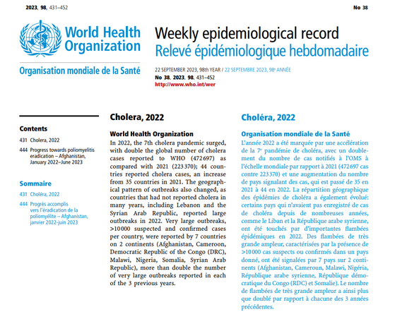 세계보건기구(WHO)가 발표한 '2022년 세계 콜레라' 보고서. 〈자료=WHO 제공〉