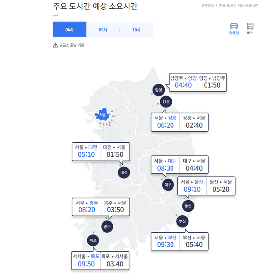 28일 오전 8시 기준 서울에서 각 지역까지 고속도로 예상 소요시간 〈사진=한국도로공사〉