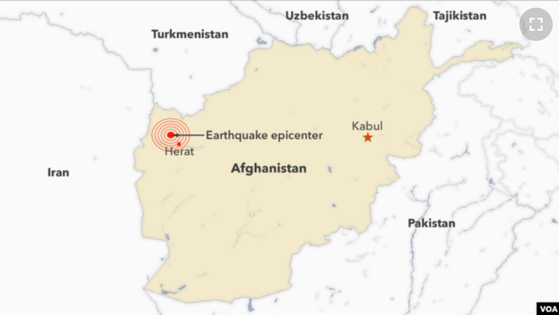 아프가니스탄 북서부 헤라트주 헤라트시 부근에서 규모 6.3의 강진이 현지시간 7일 발생했다. 〈지도=VOA〉