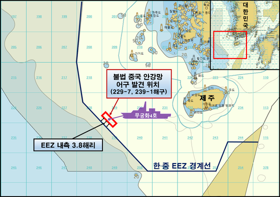 중국 어선이 불법으로 설치한 안강망 발견위치도. 〈사진=해양수산부 제공〉