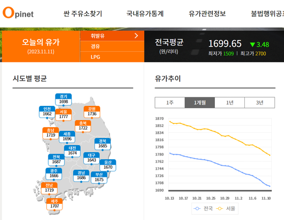 11일 오전 한국석유공사 유가정보시스템 오피넷(www.opinet.co.kr) 〈사진=오피넷 홈페이지〉