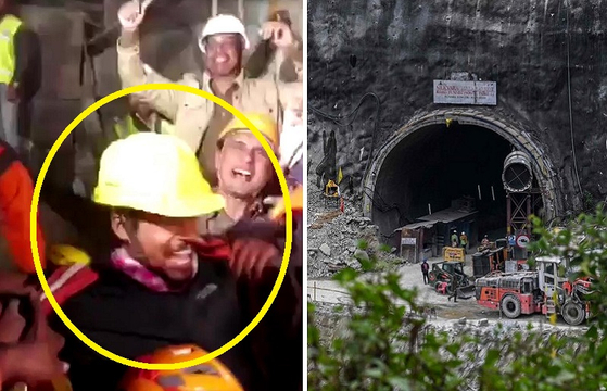 인도 히말라야 산맥의 붕괴된 터널에 갇혔던 노동자들이 구조되는 모습. 〈사진=로이터·AFP〉