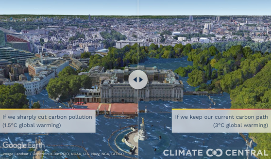 지구 온도가 산업화 대비 1.5도(왼쪽), 3도(오른쪽) 올랐을 때 영국 런던 버킹엄 궁전 주변 예상도. 〈사진=클라이밋 센트럴 홈페이지 캡처〉