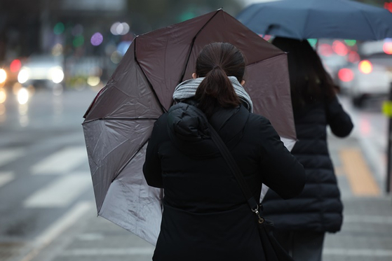 서울 종로구 광화문광장 인근에서 시민들이 우산을 쓰고 걸어가는 모습. 〈사진=연합뉴스〉