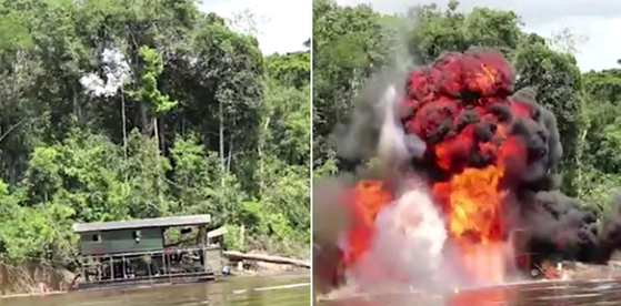 아마존에 있는 불법 금광 채굴장이 파괴되는 모습. 〈사진=로이터〉