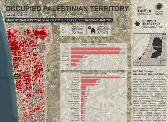 UNOSAT의 가자지구 기반시설 피해 분석 자료. 〈사진=UNOSAT〉