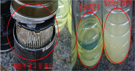 추운 날씨에 응고된 연료필터와 경유 (사진=자동차10년타기시민연합)