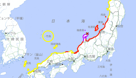 일본 기상청이 1일 자국에 쓰나미 경보 및 주의보를 발령하면서 지도상에 독도를 죽도(竹島)로 표기하고 쓰나미 주의보 발령 지역으로 포함했다. 〈사진=일본 기상청 홈페이지 캡처〉