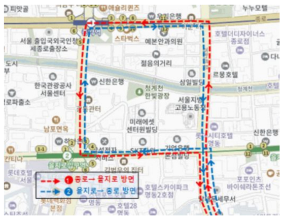 서울시는 명동입구 정류소에 진입하는 광역버스 일부의 노선을 바꿔 명동 정류소 혼잡을 줄일 방침이다. 〈사진=서울시 제공〉