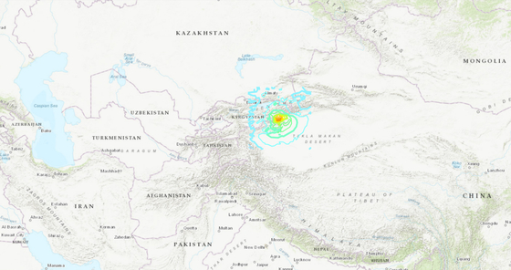 현지시간 23일 새벽 2시 9분쯤 중국 북서부 신장 위구르 자치구 지역에서 규모 7.1의 지진이 발생했다. 〈사진=미국지질조사국(USGS) 홈페이지〉