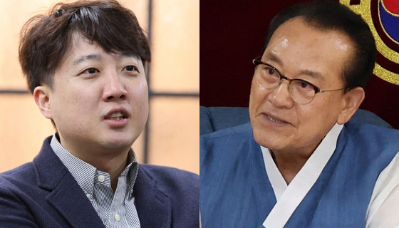 이준석 개혁신당 대표(왼쪽), 김호일 대한노인회 회장. 〈사진=연합뉴스〉