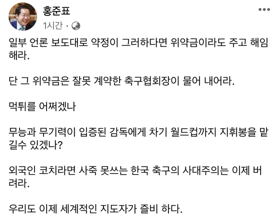 홍준표 대구시장이 개인 소셜미디어에 한국 축구 국가대표팀 클린스만 감독의 경질을 촉구하는 글을 재차 올렸다. 〈사진=홍준표 대구시장 페이스북 캡처〉