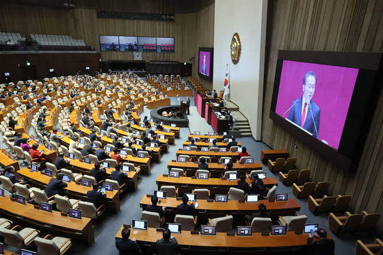 윤재옥 국민의힘 원내대표가 21일 국회 본회의에서 교섭단체 대표 연설을 하고 있다. 〈사진=연합뉴스〉