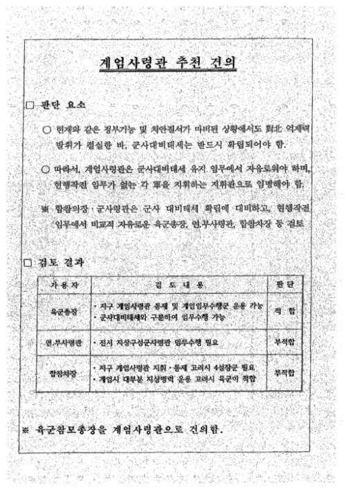 기무사가 작성한 '계엄 문건' 가운데 일부입니다. 기무사는 '국내 최고 군령권을 가진 합참의장이 계엄사령관을 맡는다'는 상식을 깨고, 육군참모총장을 계엄사령관으로 건의한다고 적어 놨습니다. 〈출처=JTBC〉