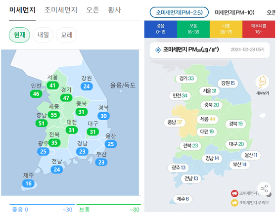 포털사이트나 기상 정보 서비스에서 흔히 볼 수 있는 '미세먼지' 정보. '좋음'은 파란색으로 표시된다.