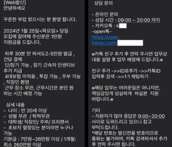 온라인쇼핑몰 부업을 가장한 지원자 모집 문자 예시 〈사진=서울시〉