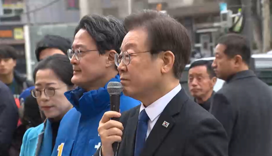 이재명 더불어민주당 대표가 5일 서울 영등포구 한 광장에서 기자회견을 가졌다. 〈사진=JTBC 캡처〉